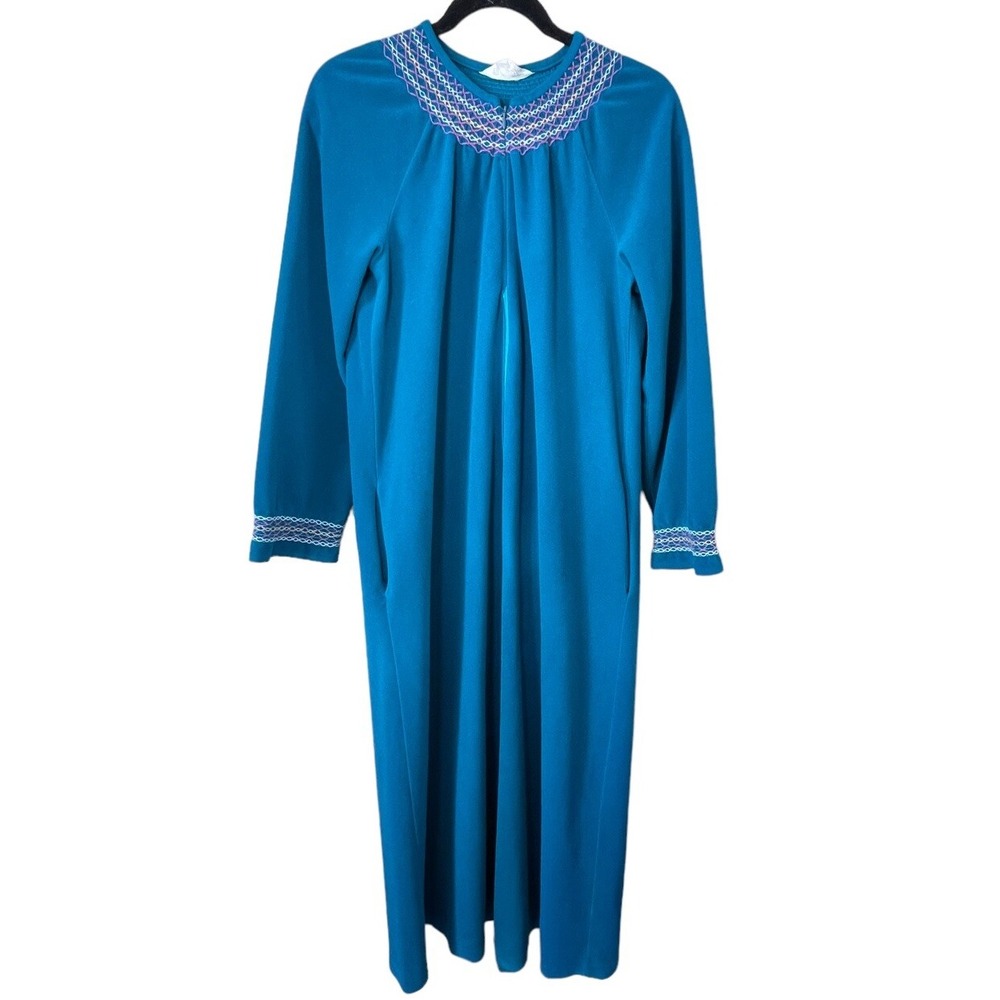 Vanity Fair Vintage Teal Blue Embroidered Zip Front‎ Maxi Nightgown Robe Small